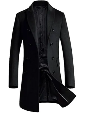 Mordenmiss Men's Premium Double Breasted Woolen Pea Coat Notched Collar Overcoat Black L