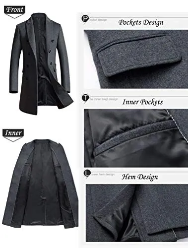 Mordenmiss Men's Premium Double Breasted Woolen Pea Coat Notched Collar Overcoat Black L
