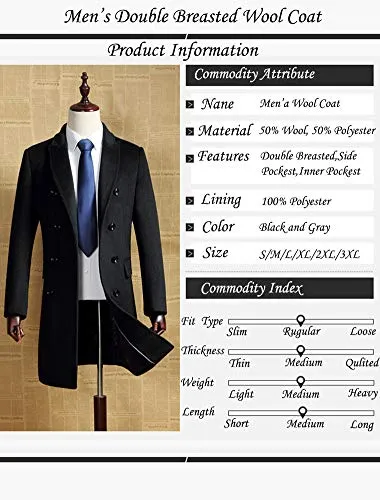 Mordenmiss Men's Premium Double Breasted Woolen Pea Coat Notched Collar Overcoat Black L