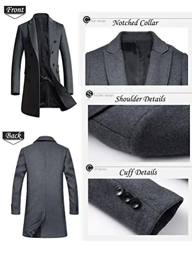 Mordenmiss Men's Premium Double Breasted Woolen Pea Coat Notched Collar Overcoat Black L