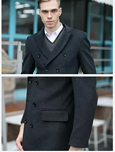 Mordenmiss Men's Premium Double Breasted Woolen Pea Coat Notched Collar Overcoat Black L