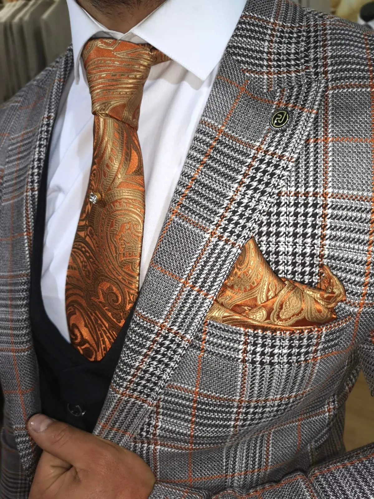 Morteza - Orange/Grey/Black 3 Piece Suit