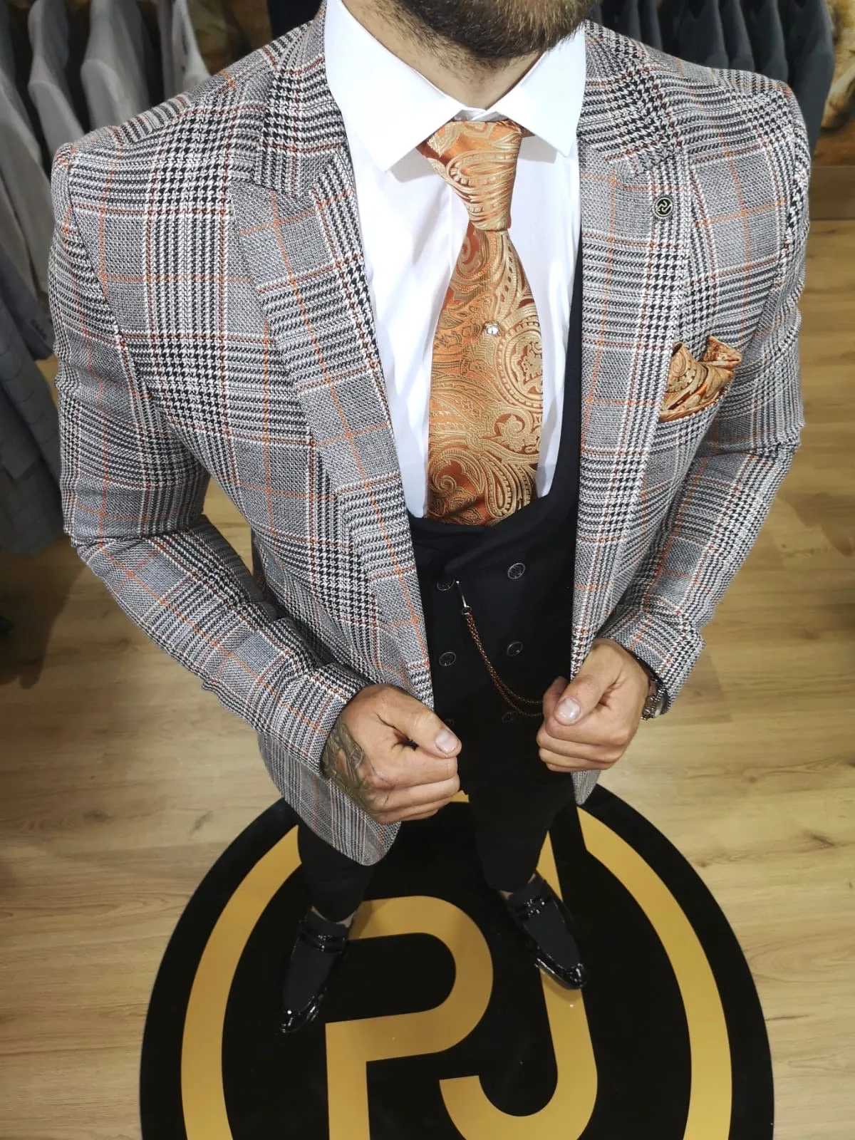 Morteza - Orange/Grey/Black 3 Piece Suit