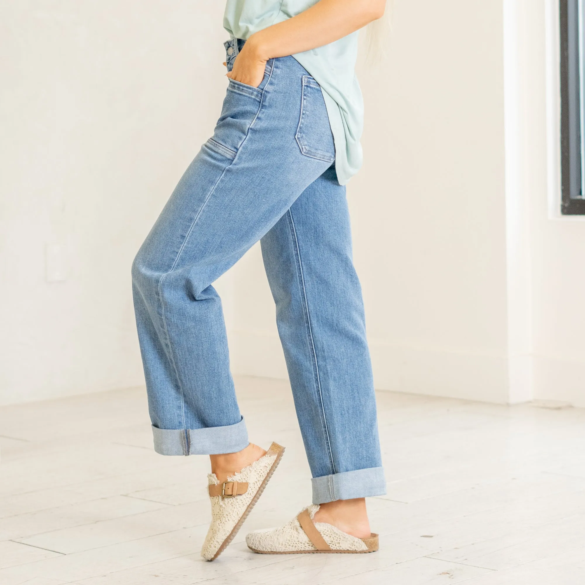 Multi Love High Rise Waistband Cuffed Slim Wide Leg