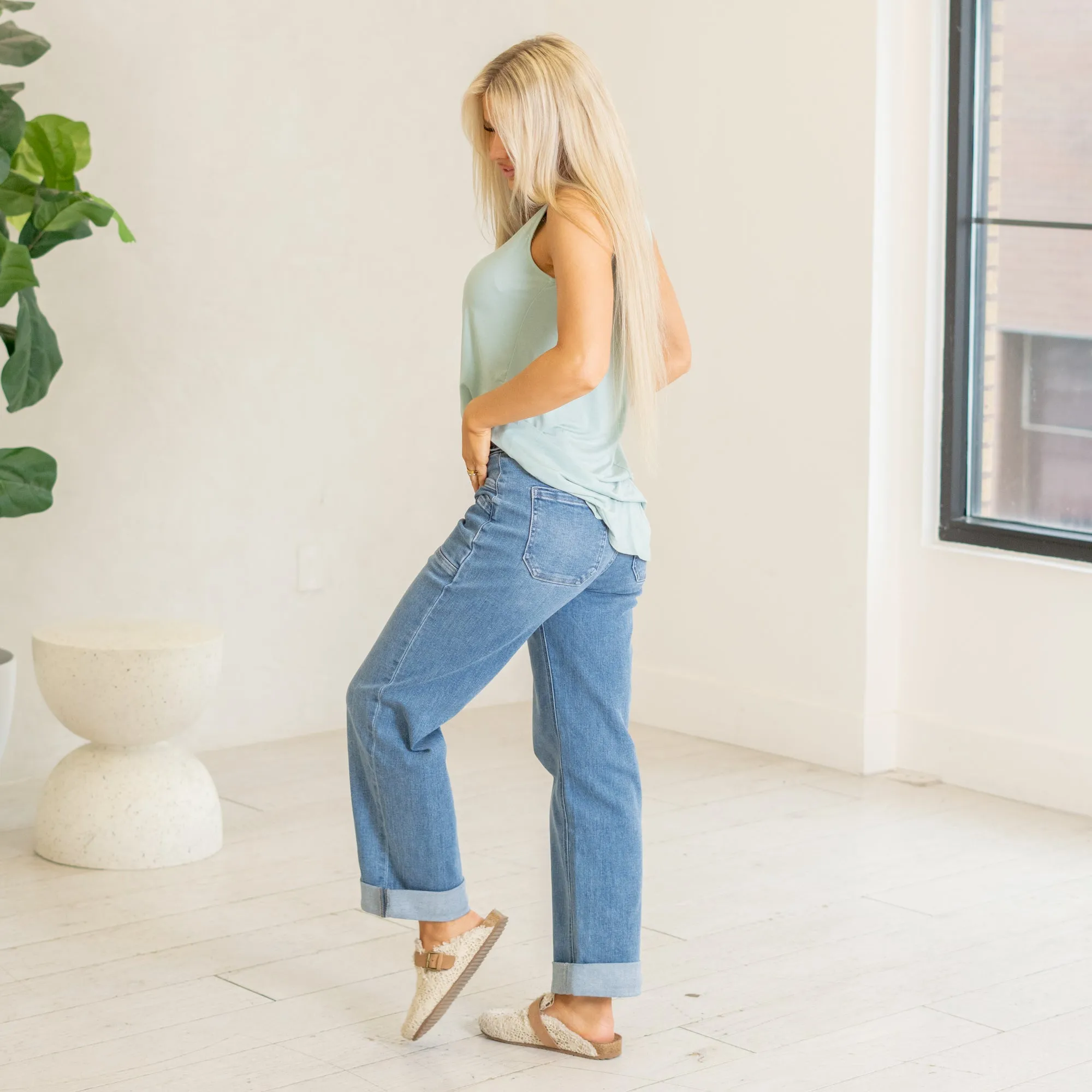 Multi Love High Rise Waistband Cuffed Slim Wide Leg