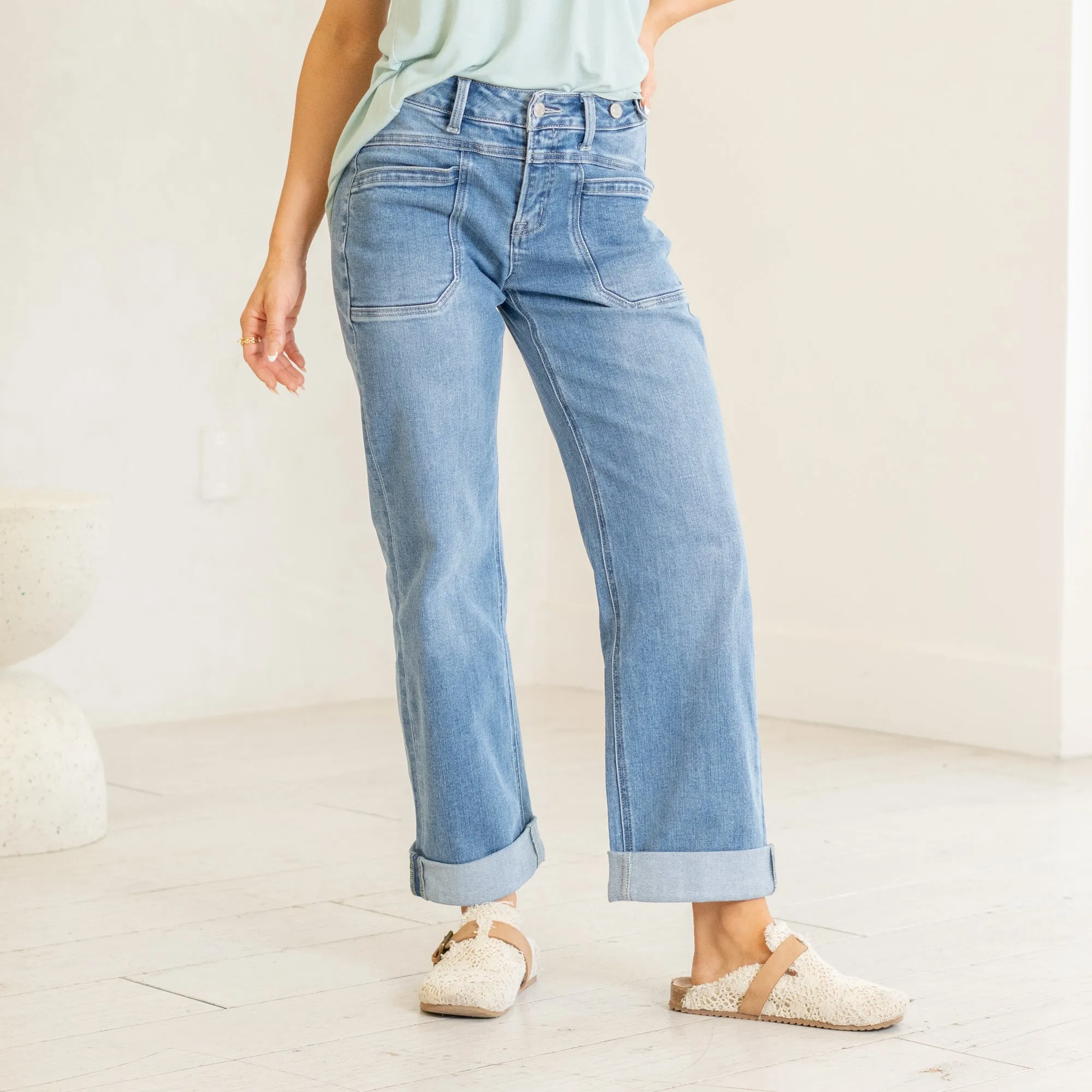 Multi Love High Rise Waistband Cuffed Slim Wide Leg