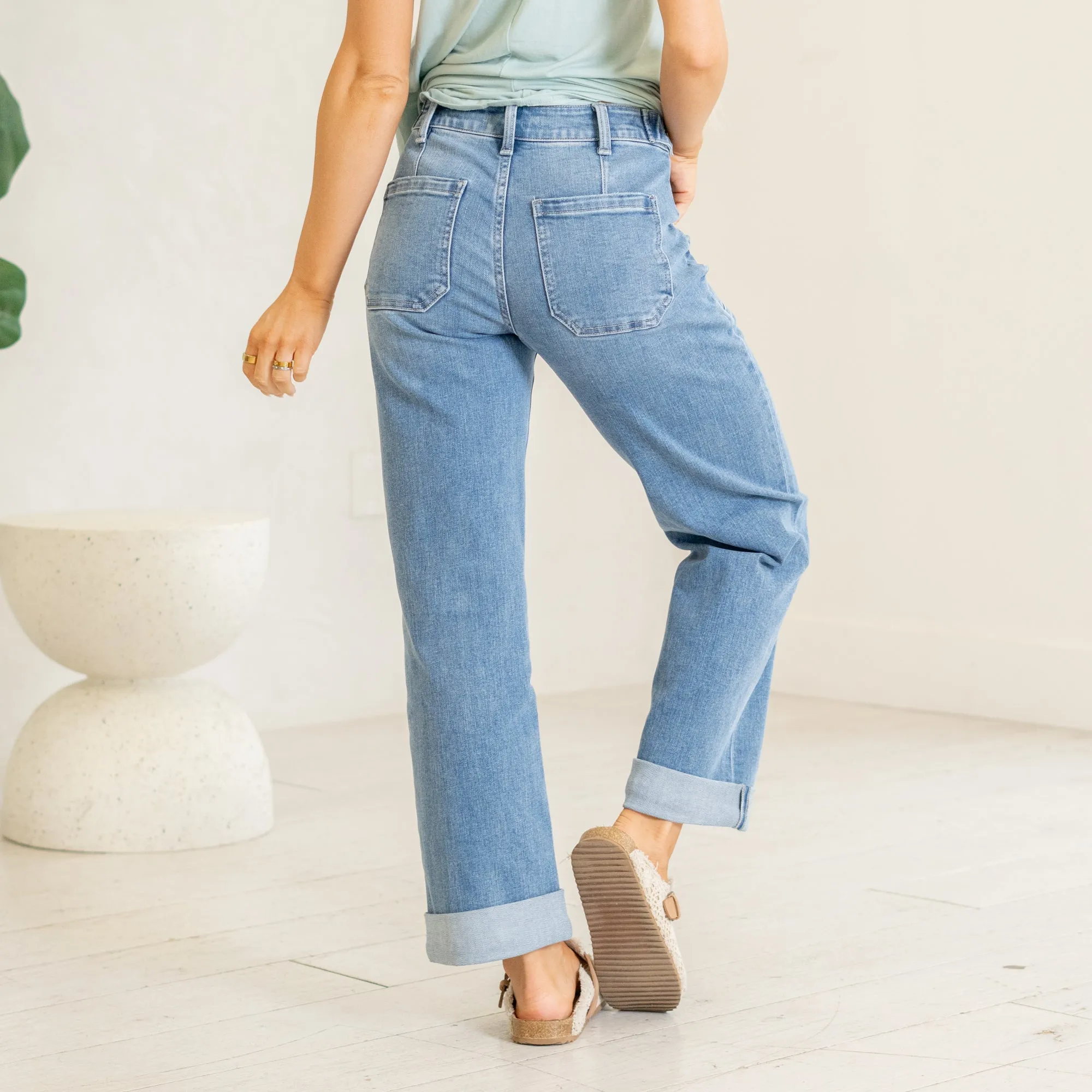 Multi Love High Rise Waistband Cuffed Slim Wide Leg