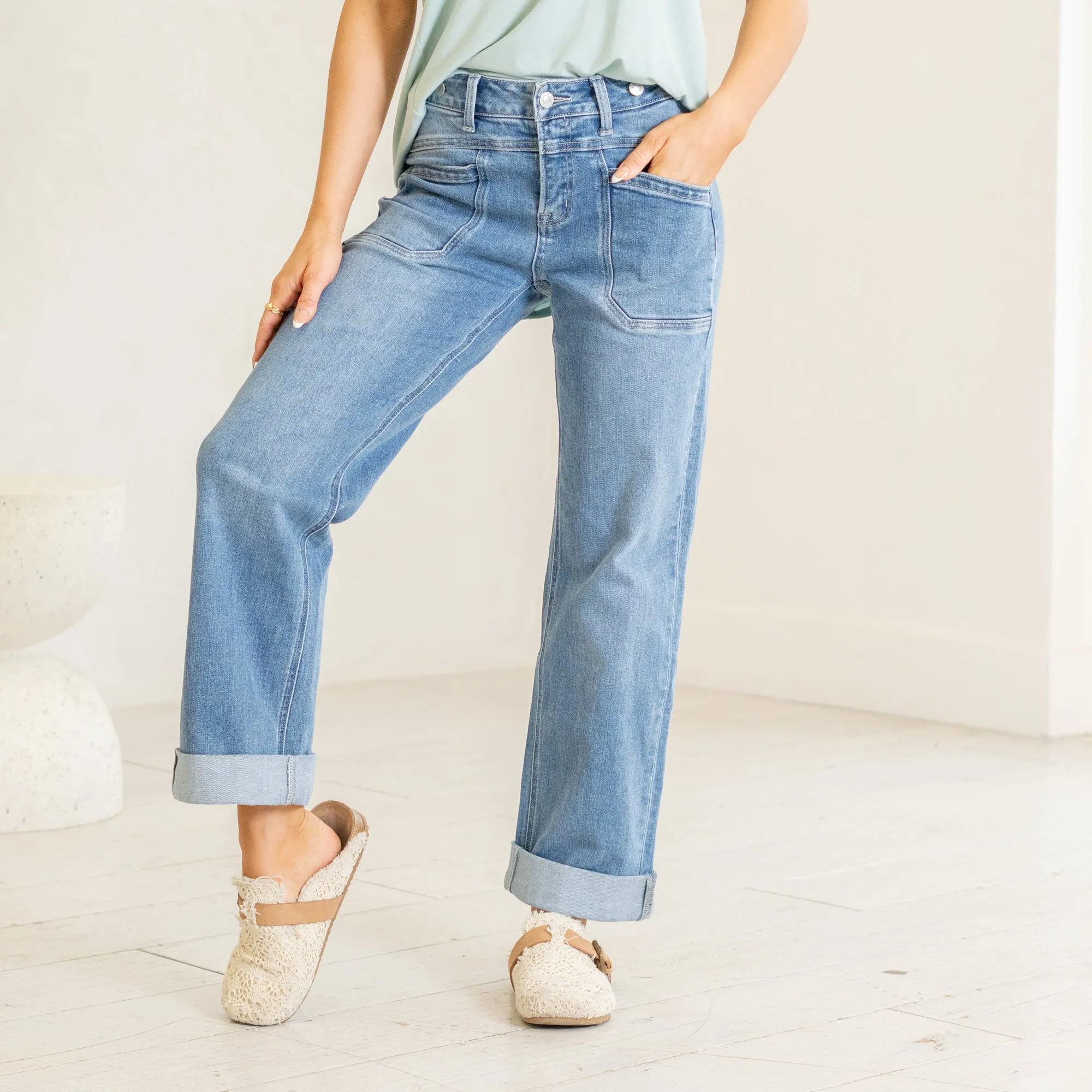 Multi Love High Rise Waistband Cuffed Slim Wide Leg