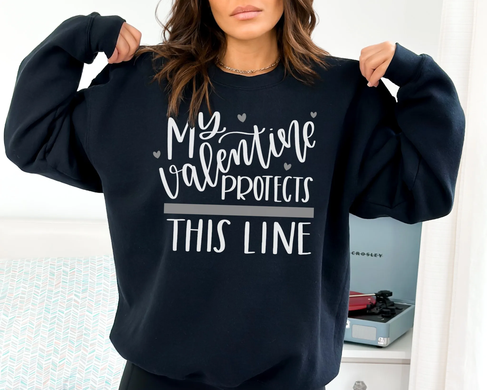 My Valentine Protects This Line © Unisex Crewneck Sweatshirt (Thin Silver Line)