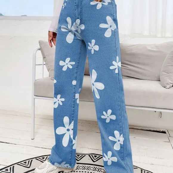 New Floral Print Straight Leg Jeans  Medium Wash
