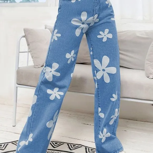 New Floral Print Straight Leg Jeans  Medium Wash