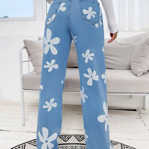 New Floral Print Straight Leg Jeans  Medium Wash