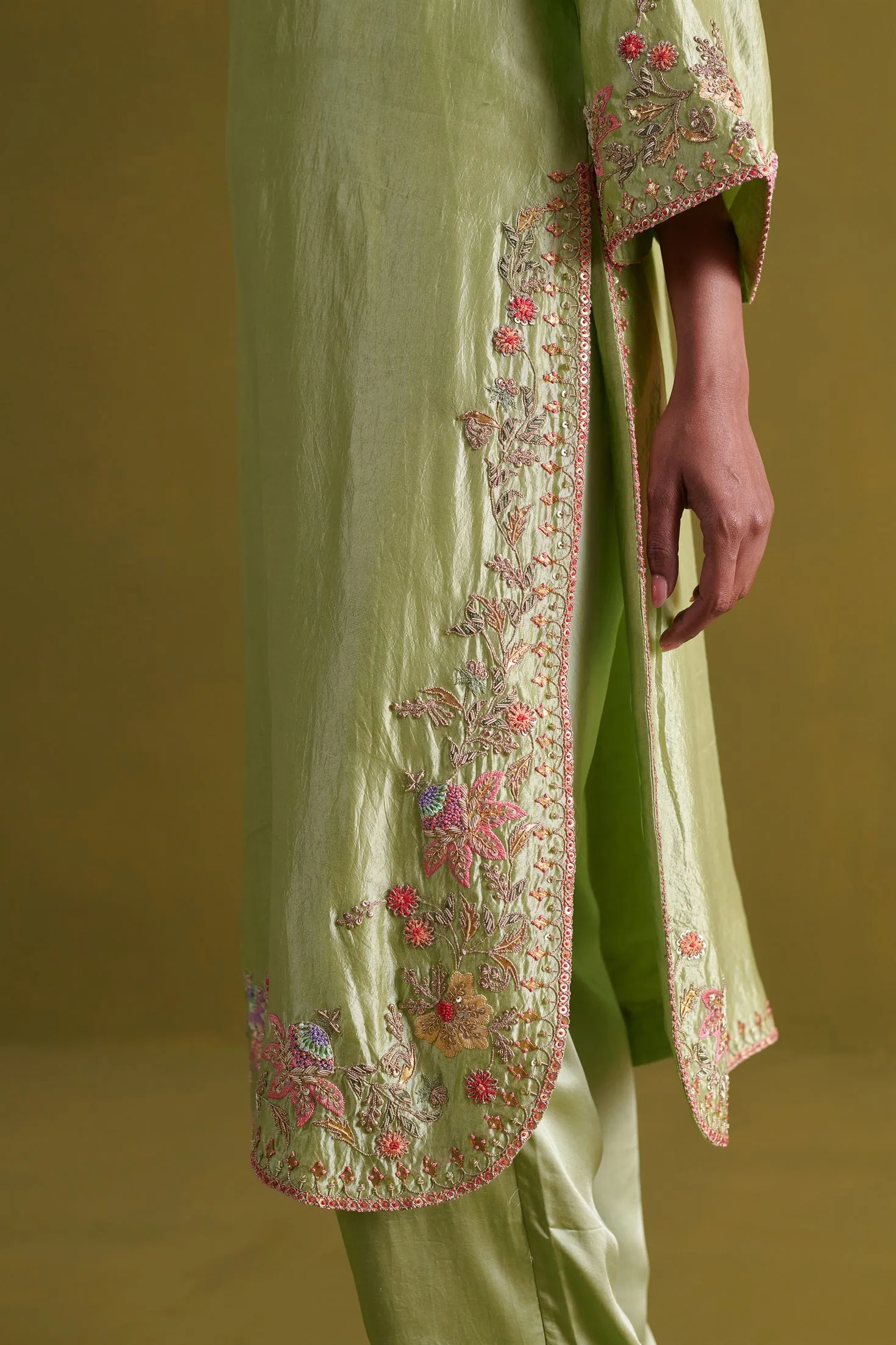 New Season Festive 2024-Coord Set-Kora Silk/Bamberg Satin/Organza 3pcs Pista Green-AS112-Fashion Wedding Edit Aarti Sethia