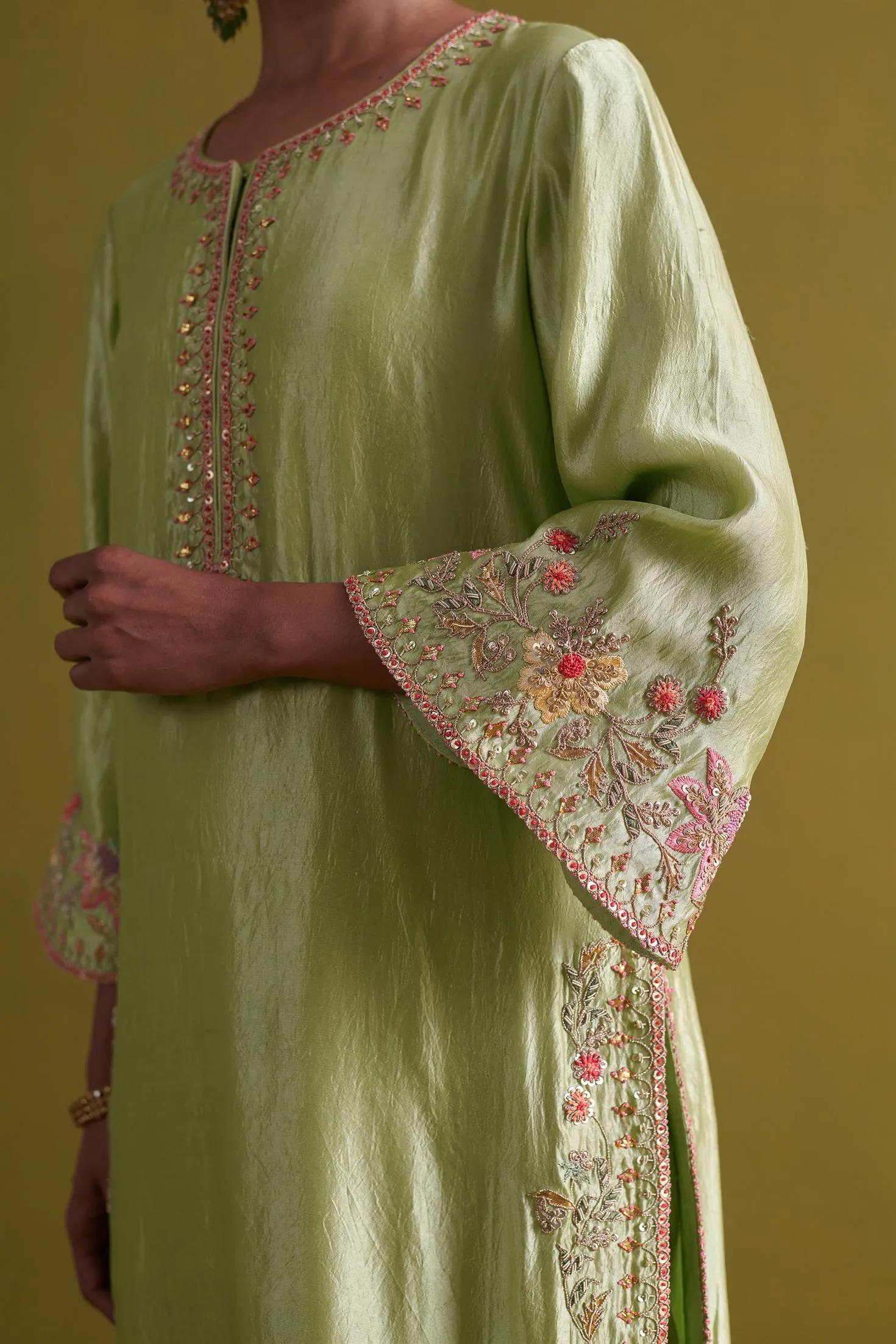 New Season Festive 2024-Coord Set-Kora Silk/Bamberg Satin/Organza 3pcs Pista Green-AS112-Fashion Wedding Edit Aarti Sethia