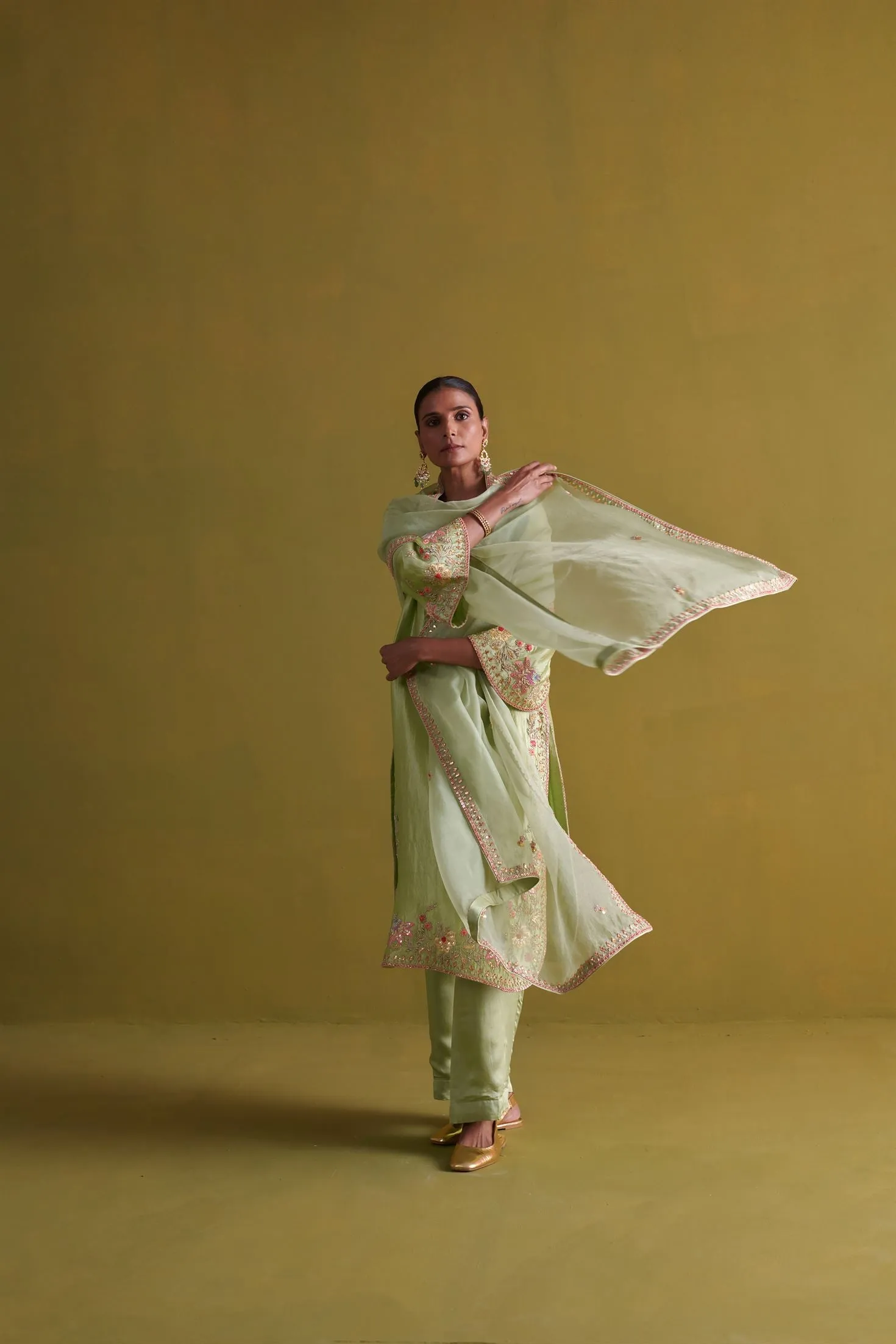 New Season Festive 2024-Coord Set-Kora Silk/Bamberg Satin/Organza 3pcs Pista Green-AS112-Fashion Wedding Edit Aarti Sethia