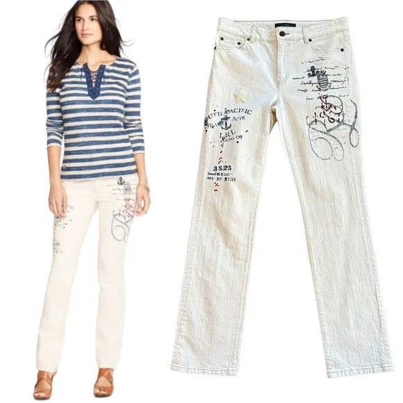 NWOT Lauren Ralph Lauren Nautical Print Jeans in Natural 6