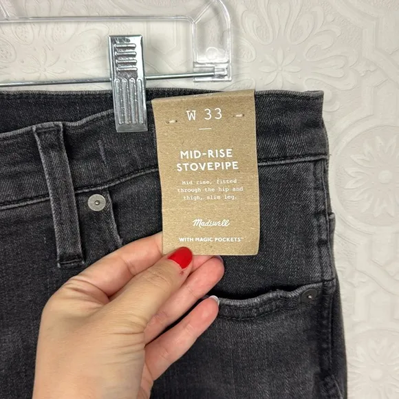 NWT Madewell Mid Rise Stovepipe Jeans Black Denim Straight Armand Wash Slim 33
