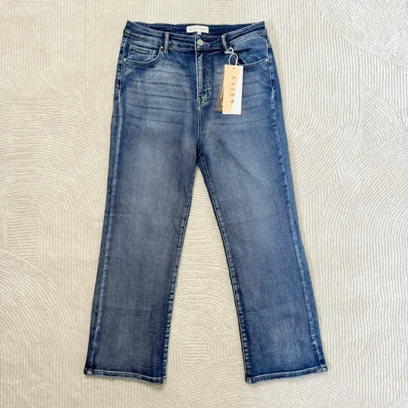 NWT Risen High Rise Crop Straight Jeans Medium Blue Wash RDP5250 Size 15 / 32