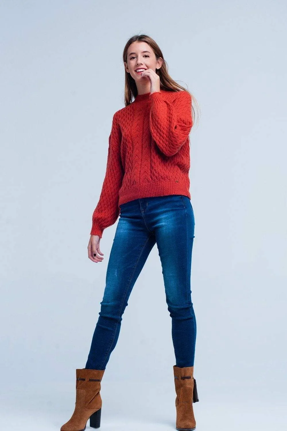 Orange Cable Knitted Sweater With Round Neck
