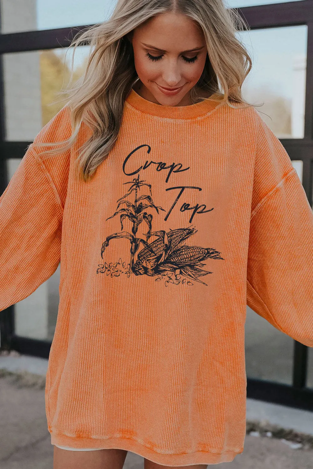 Orange Crop Top Corn Graphic Corded Sweatshirt