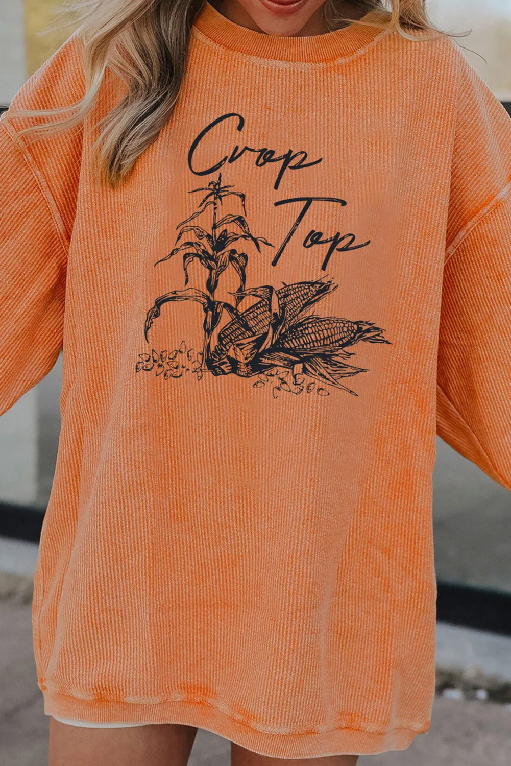 Orange Crop Top Corn Graphic Corded Sweatshirt