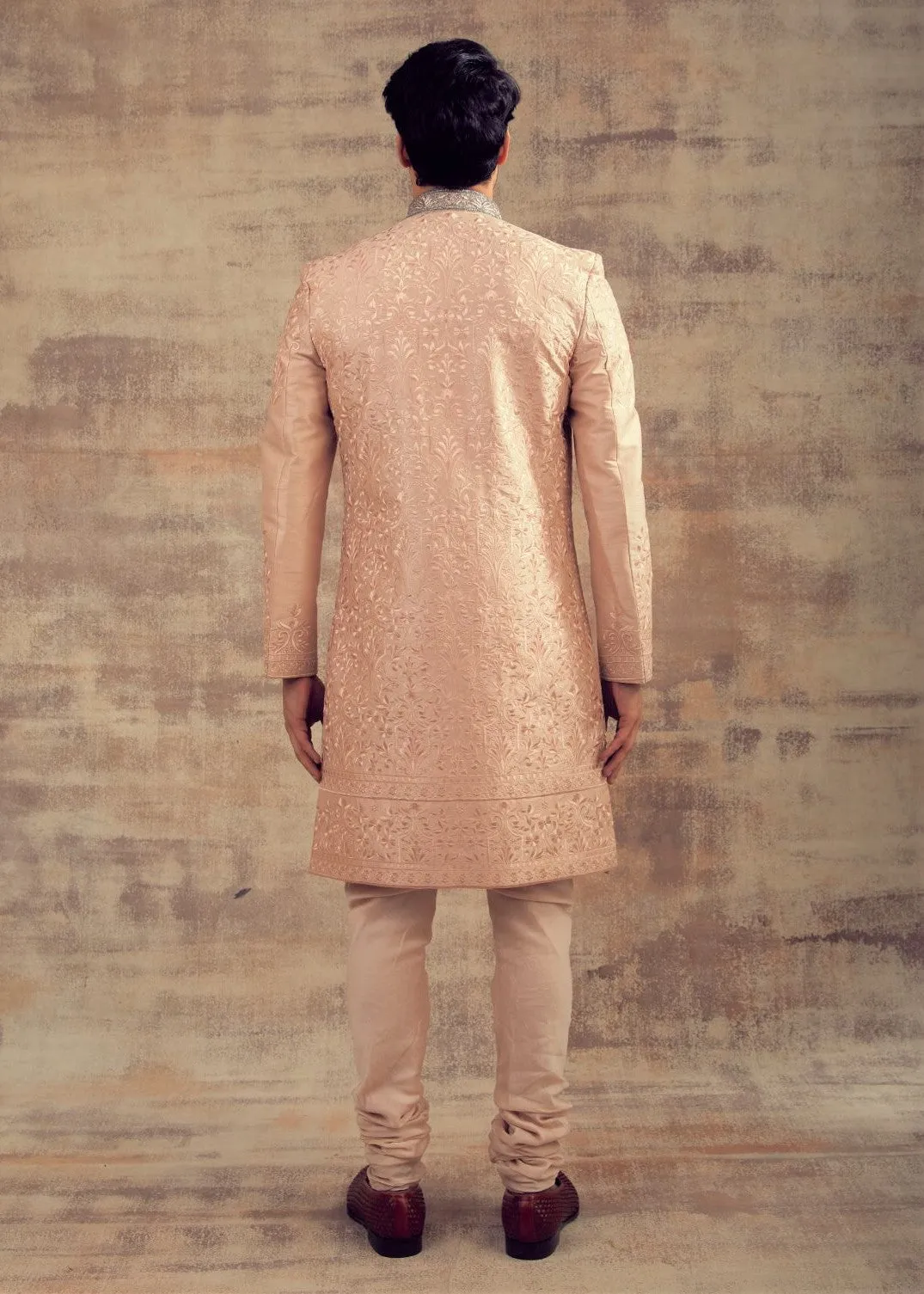 Peach Blush Color Thread Work Sherwani