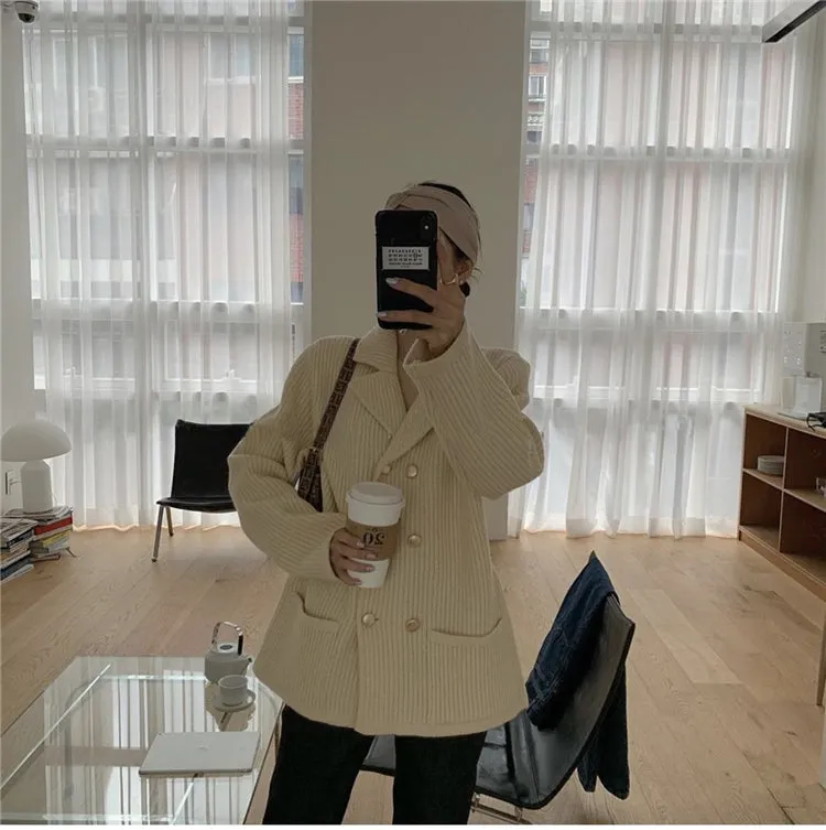 Pile Collar Double Breasted Knitted Sweaters Outerwear Apricot Gray