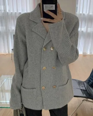 Pile Collar Double Breasted Knitted Sweaters Outerwear Apricot Gray
