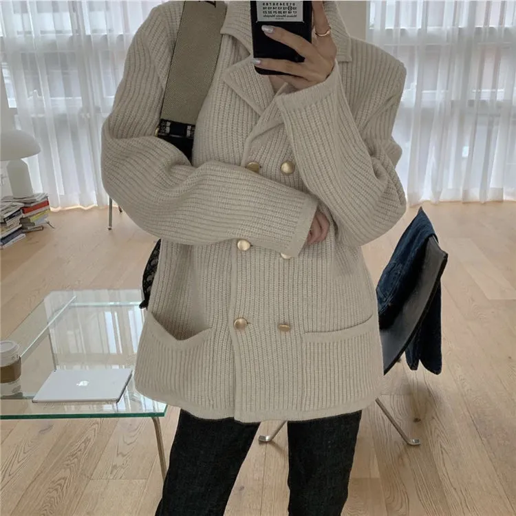 Pile Collar Double Breasted Knitted Sweaters Outerwear Apricot