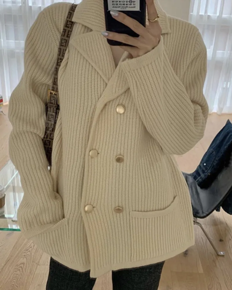 Pile Collar Double Breasted Knitted Sweaters Outerwear Apricot
