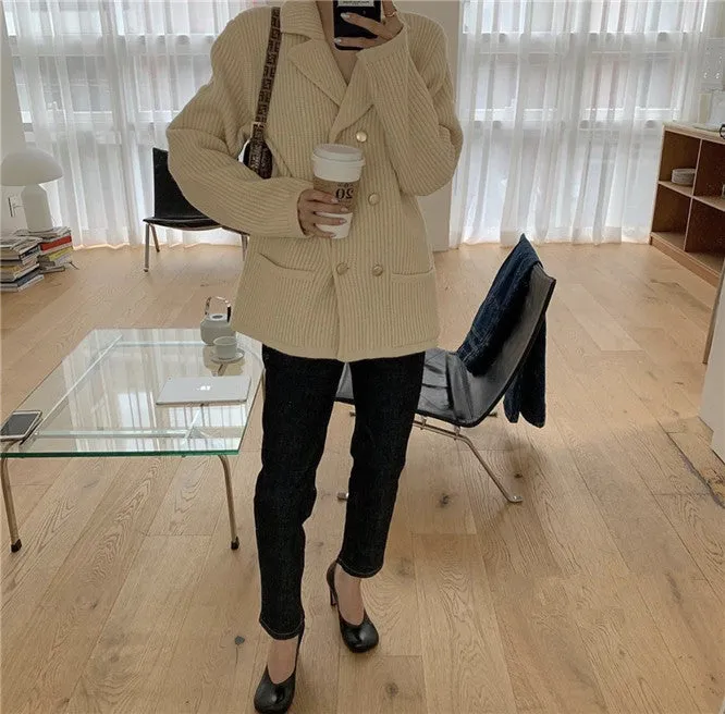 Pile Collar Double Breasted Knitted Sweaters Outerwear Apricot