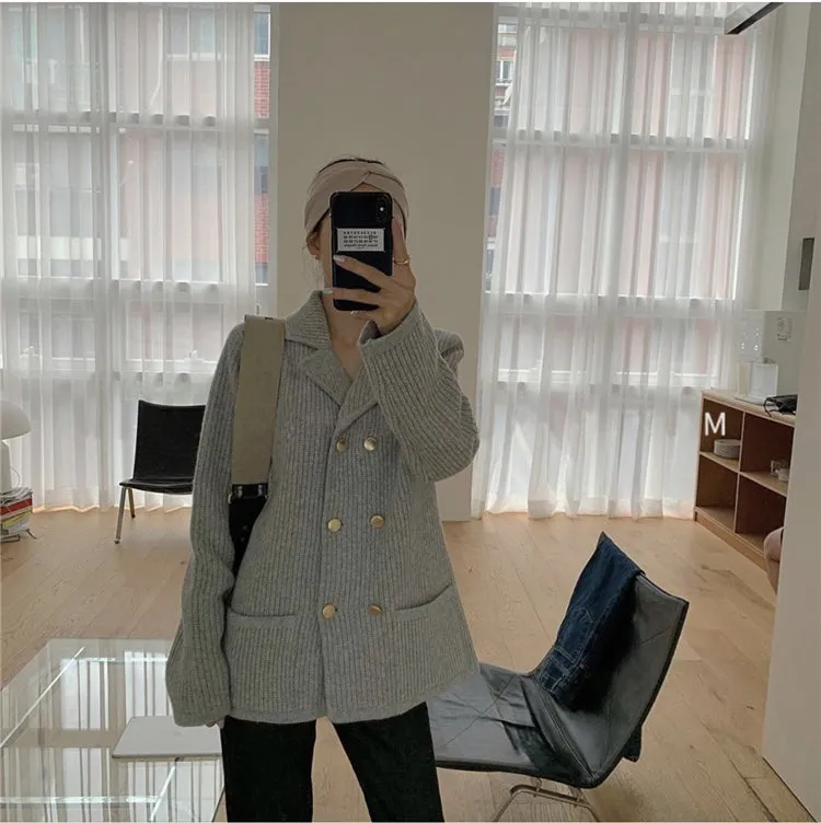 Pile Collar Double Breasted Knitted Sweaters Outerwear Apricot