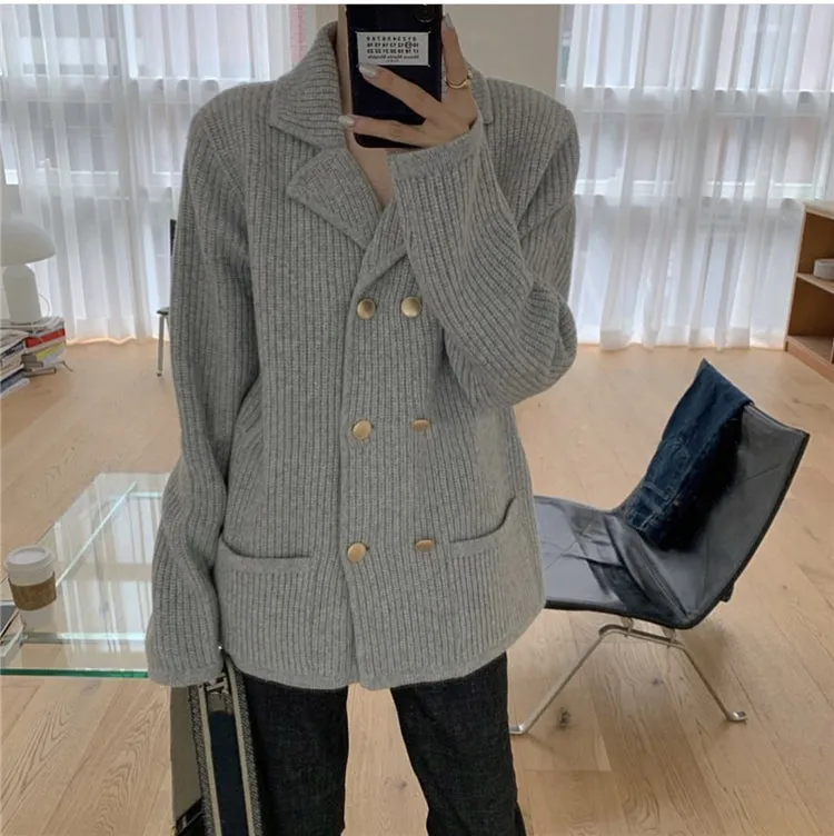 Pile Collar Double Breasted Knitted Sweaters Outerwear Apricot