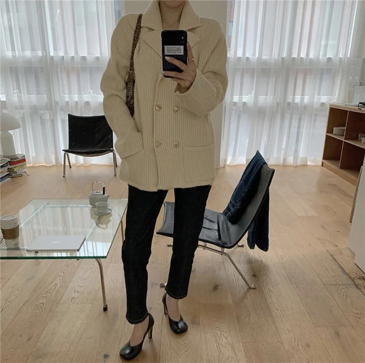 Pile Collar Double Breasted Knitted Sweaters Outerwear Apricot