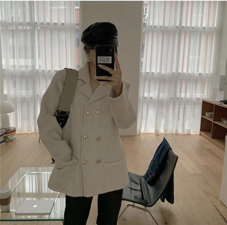 Pile Collar Double Breasted Knitted Sweaters Outerwear Apricot