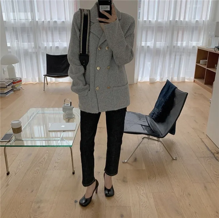 Pile Collar Double Breasted Knitted Sweaters Outerwear Apricot