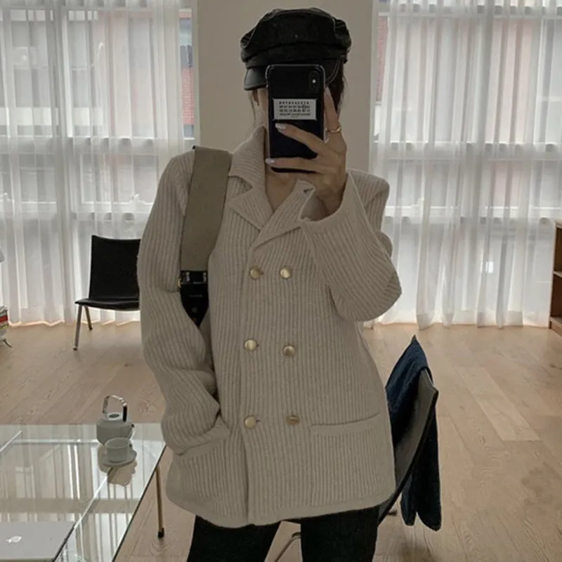 Pile Collar Double Breasted Knitted Sweaters Outerwear Apricot