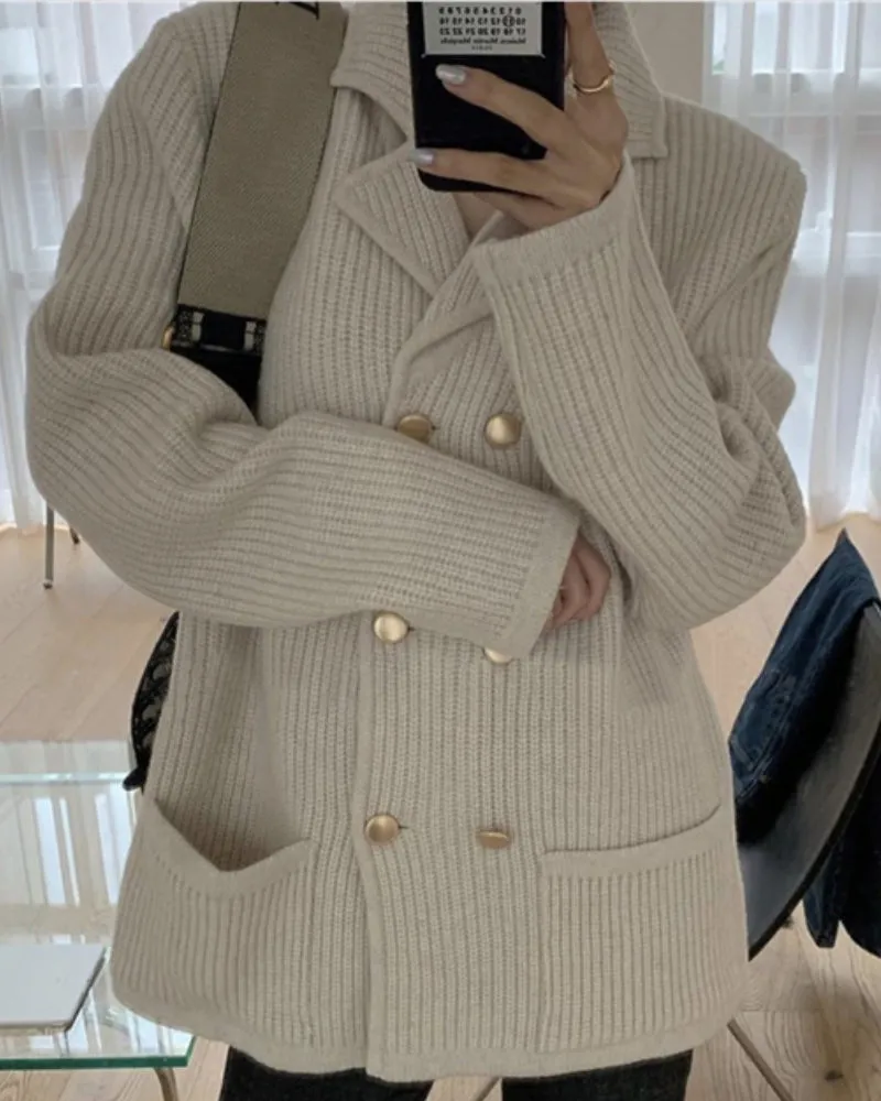 Pile Collar Double Breasted Knitted Sweaters Outerwear Apricot