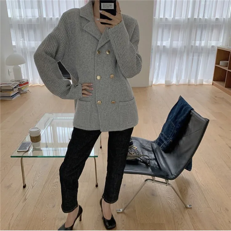 Pile Collar Double Breasted Knitted Sweaters Outerwear Apricot