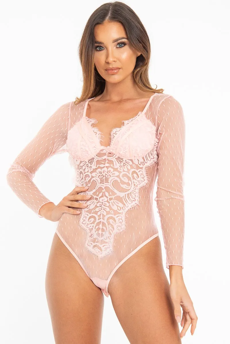 Pink Dobby Mesh Low Cut Bodysuit - Tamara