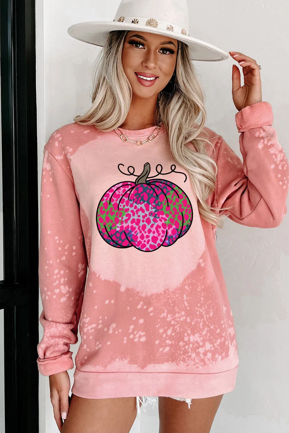 Pink Pumpkin Tie Dye Print Pullover Sweatshirt