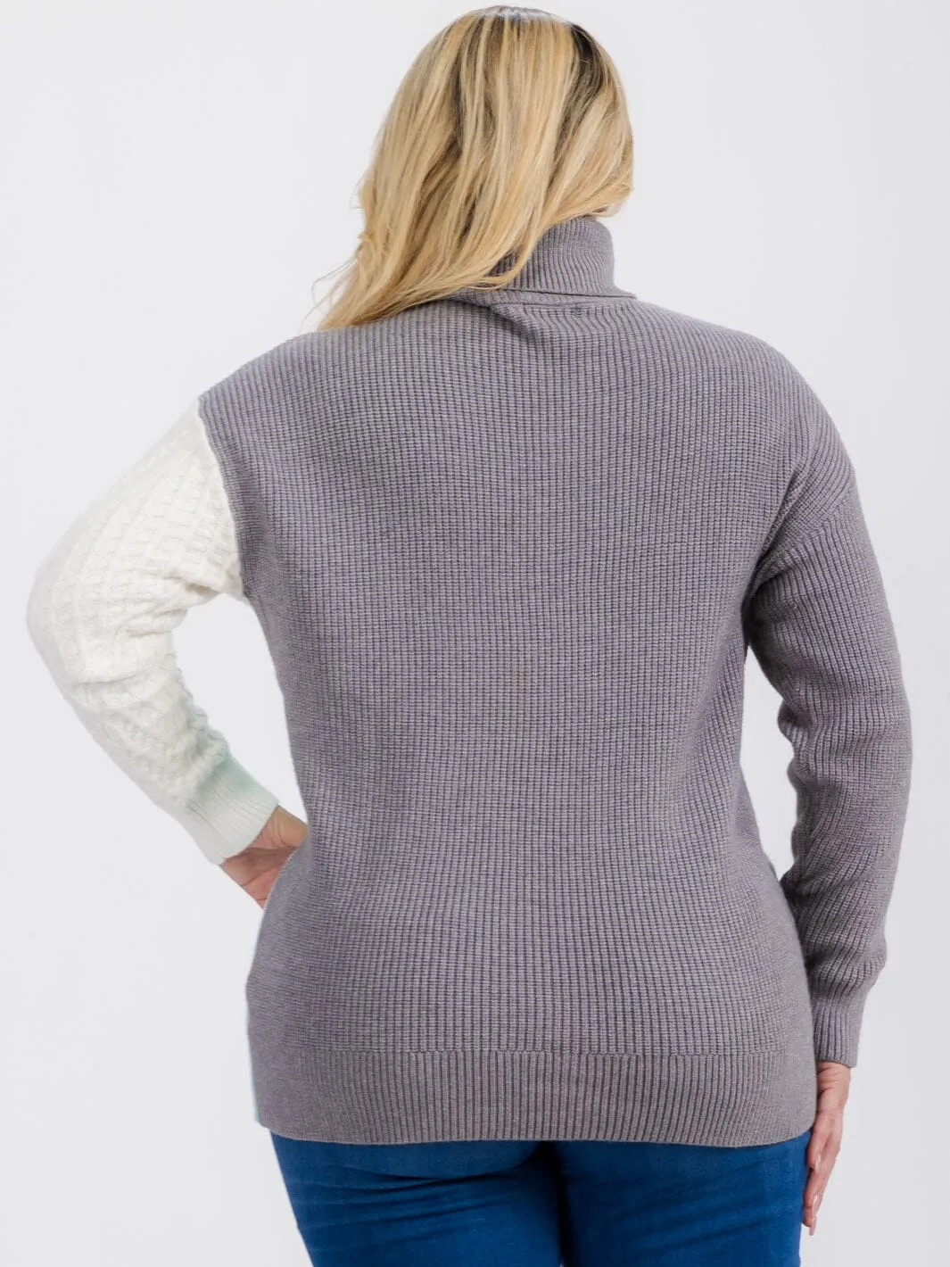 PLUS SIZE LONG SLEEVE TURTLE NECK DETAILED COLORBLOCK PULLOVER SWEATER