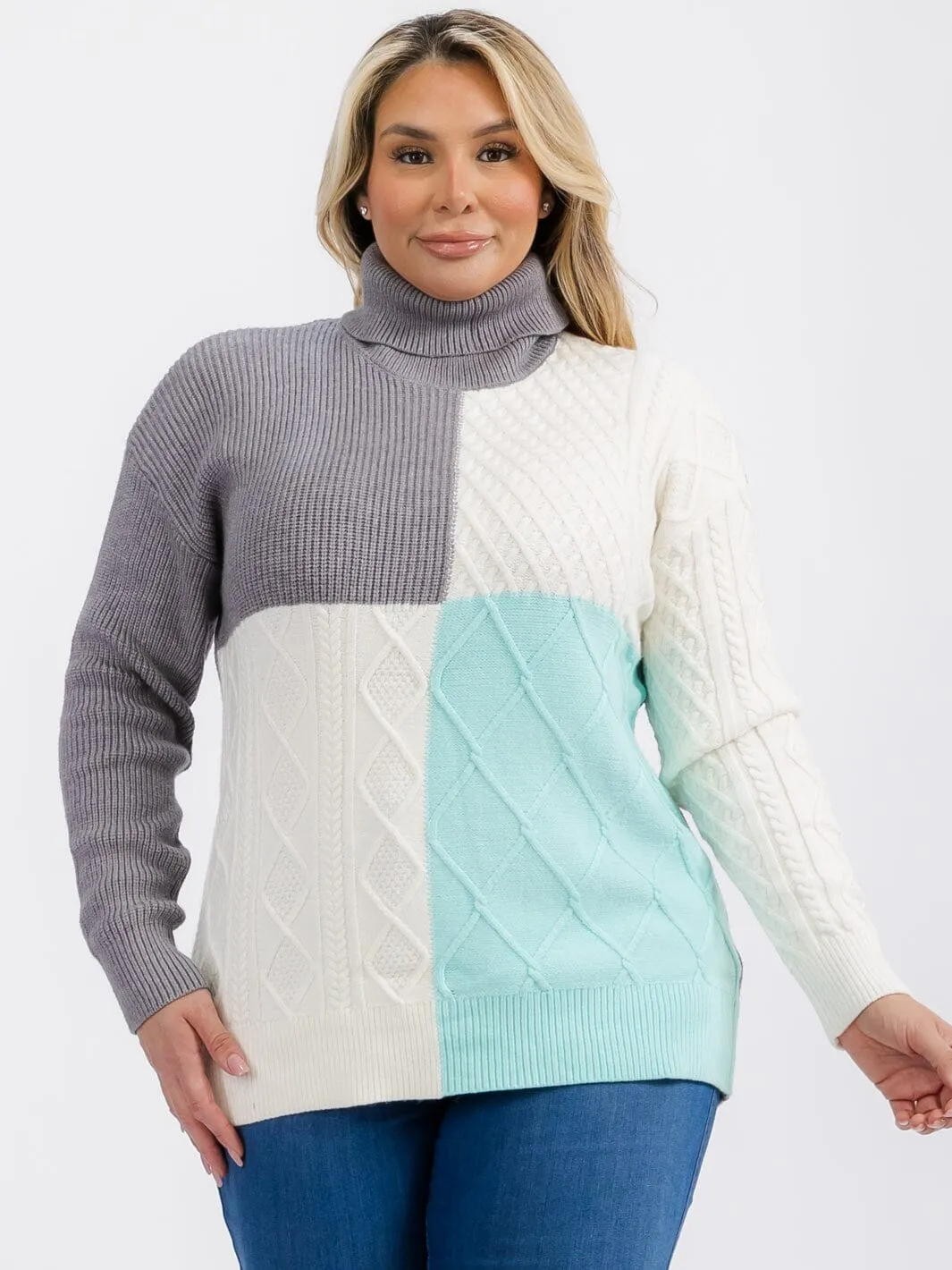 PLUS SIZE LONG SLEEVE TURTLE NECK DETAILED COLORBLOCK PULLOVER SWEATER