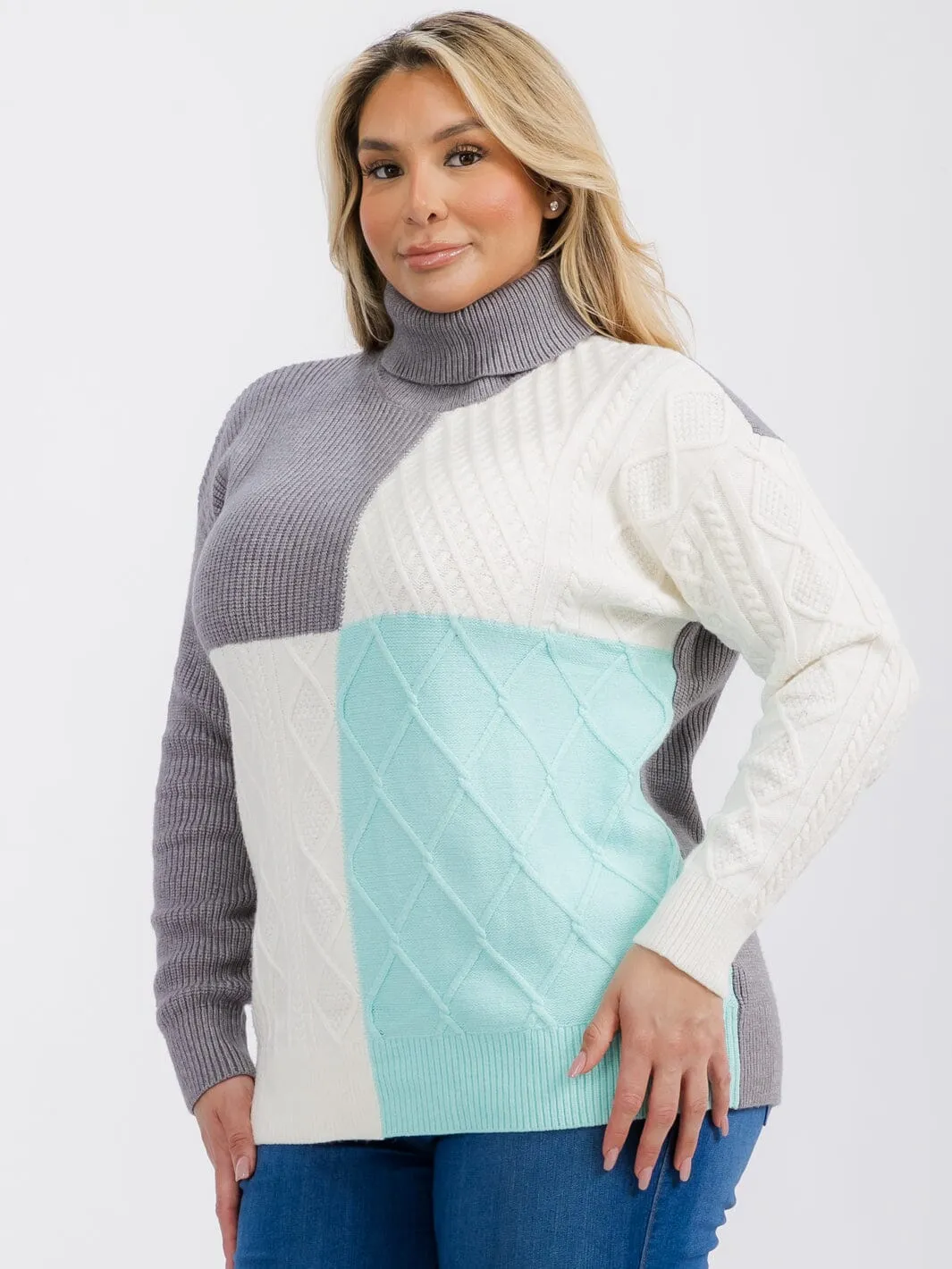 PLUS SIZE LONG SLEEVE TURTLE NECK DETAILED COLORBLOCK PULLOVER SWEATER
