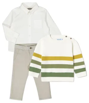 Pre-Order Mayoral 124 White Long Sleeve Shirt, Mayoral 522 Twill Trousers and Mayoral 1301 Sage Stripe Jumper