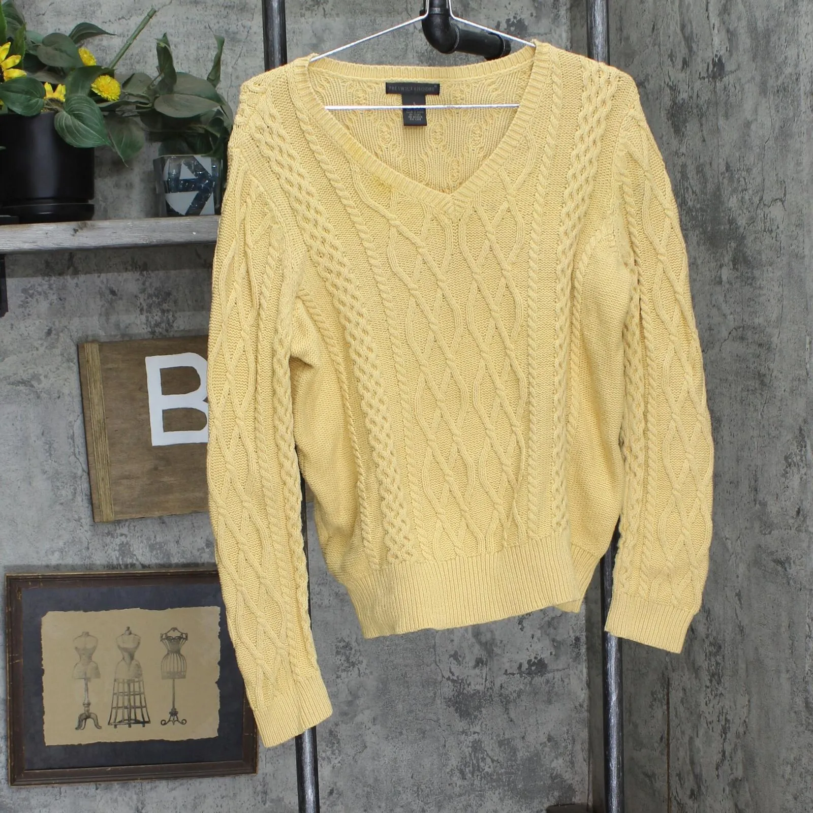 Preswick & Moore Womens Cable Knit Pullover V-Neck Sweater Yellow L