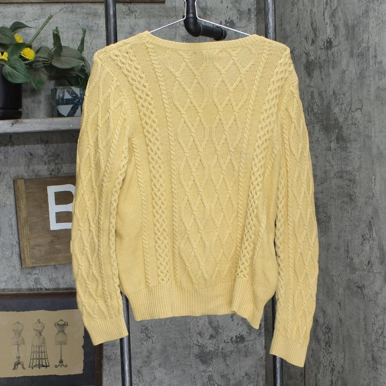 Preswick & Moore Womens Cable Knit Pullover V-Neck Sweater Yellow L