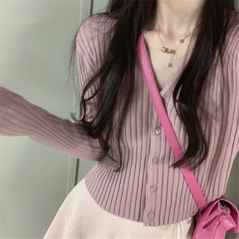 "6 COLOR STRIPED V-NECK STRETCH" KNIT CARDIGAN Y010807