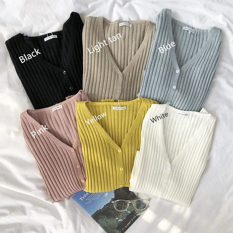 "6 COLOR STRIPED V-NECK STRETCH" KNIT CARDIGAN Y010807