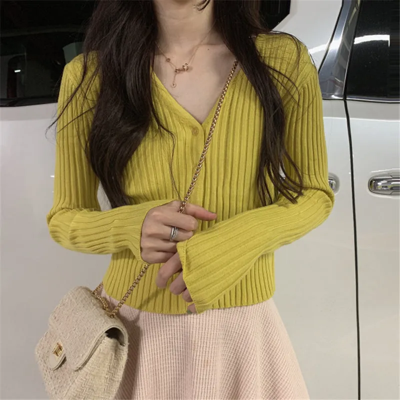 "6 COLOR STRIPED V-NECK STRETCH" KNIT CARDIGAN Y010807